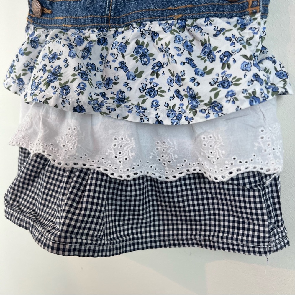 Oshkosh Girls 2T Denim Overall Dress Frill Skirt Eyelet Lace Tiered Gingham - Picture 3 of 9